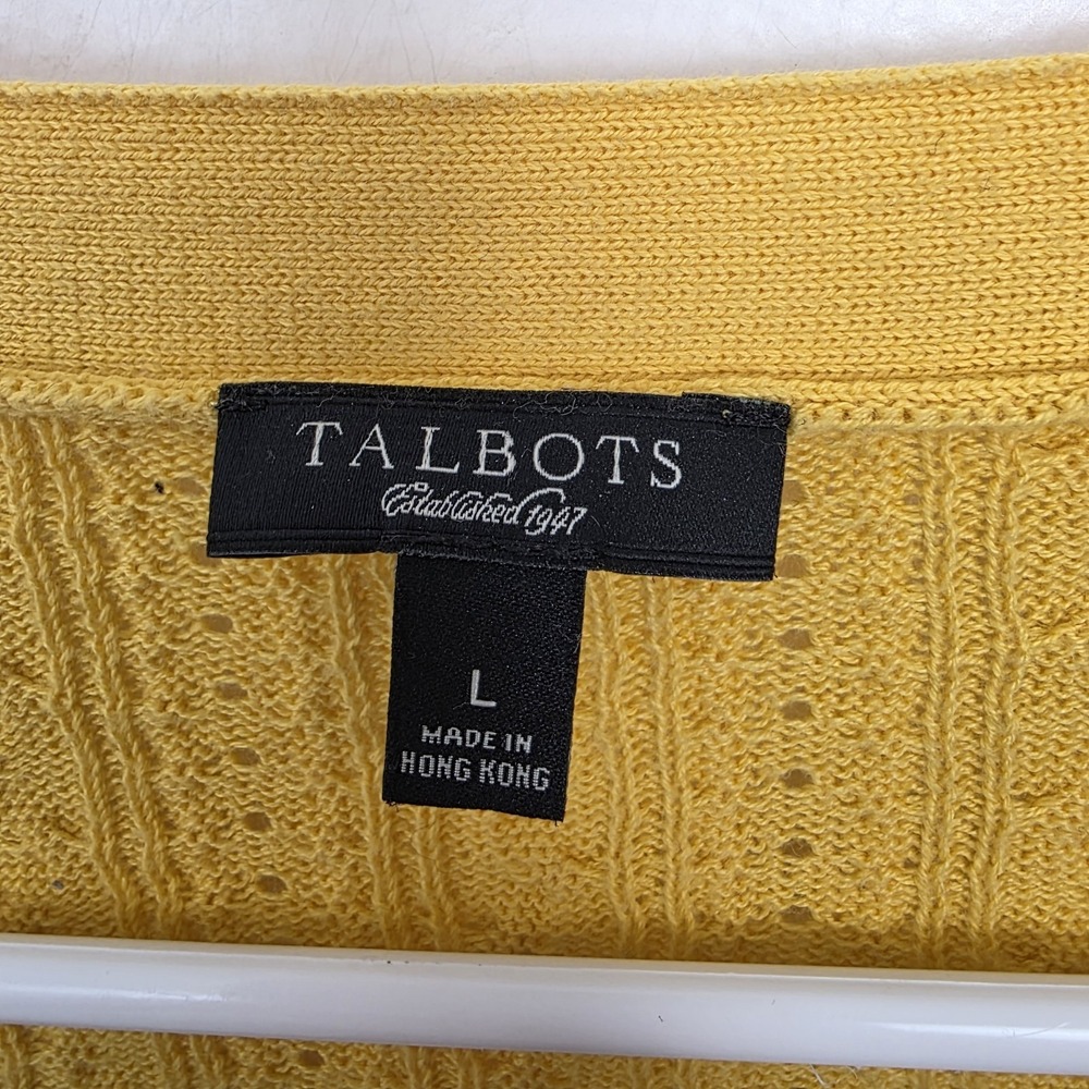 Talbots Yellow Pointelle V-Neck Classic Cotton Preppy Twee Mature Cardigan Sz L - Picture 4 of 7